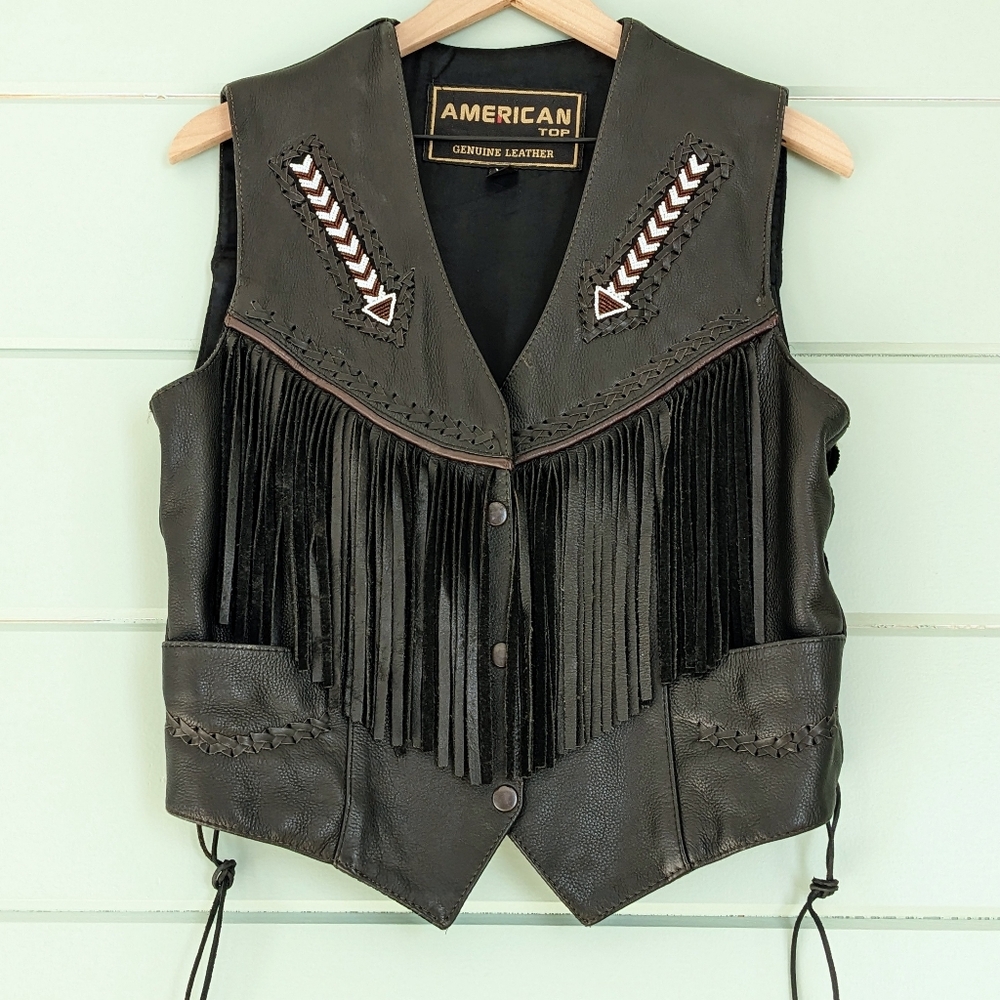 Vintage Western Fringe Leather Beaded Concho Biker Vest Black XL